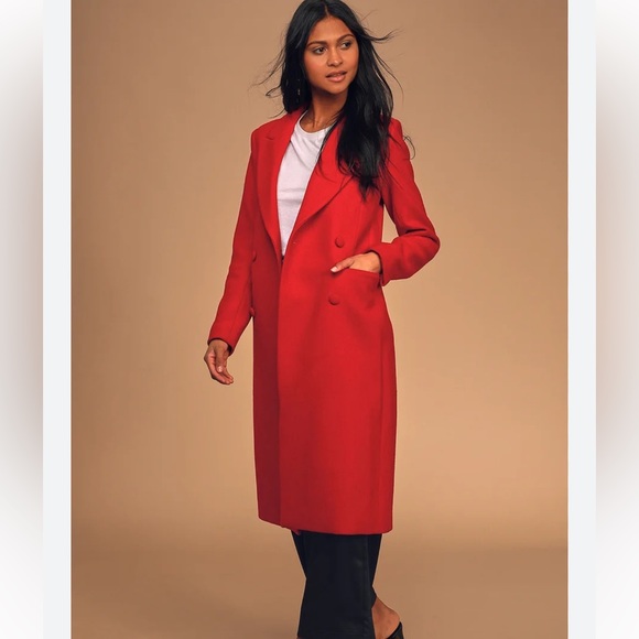 Crisp Morning Red Double-Breasted Wool-Blend Coat - Picture 2 of 6